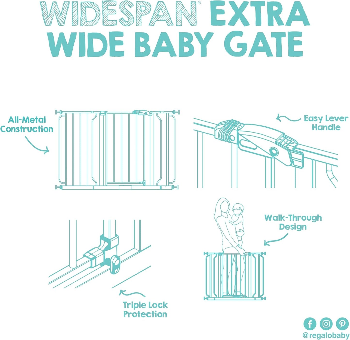 Safety 29"-49" Extra Wide Baby Gate, Bottom of Stairs & Doorways | Pressure Mounted with Door, For Babies, Toddlers & Pets, Platinum, Tested & Trusted for 30 Years