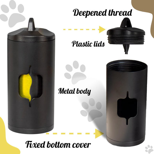 Metal Dog Poop Bag Holder 2-Pack w/Leash Clip|Durable Scratch-Resistant Aluminum|30 Bags+6 Accessories(Black)