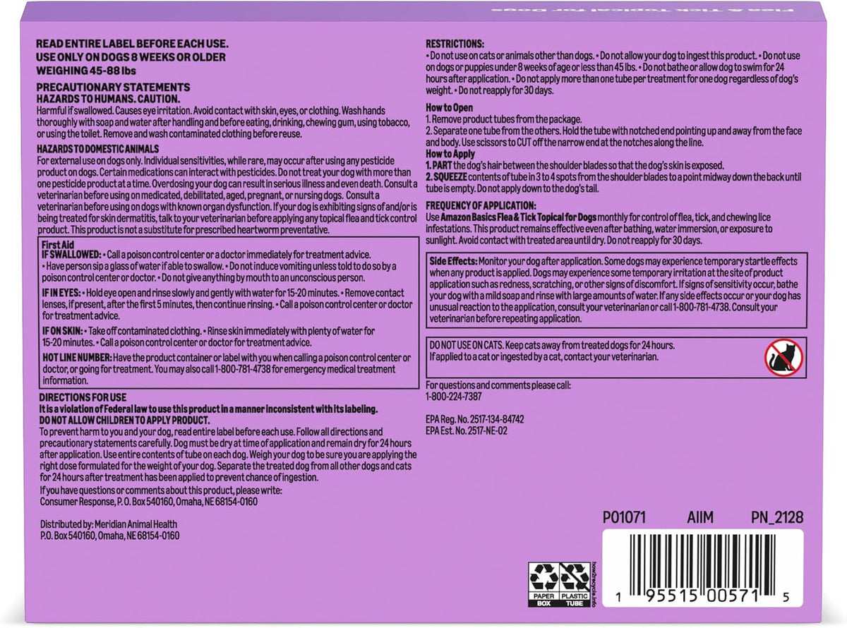 Flea and Tick Topical Treatment and Prevention for Large Dogs (45-88 lbs), Fast Acting and Long Lasting, Packaging May Vary