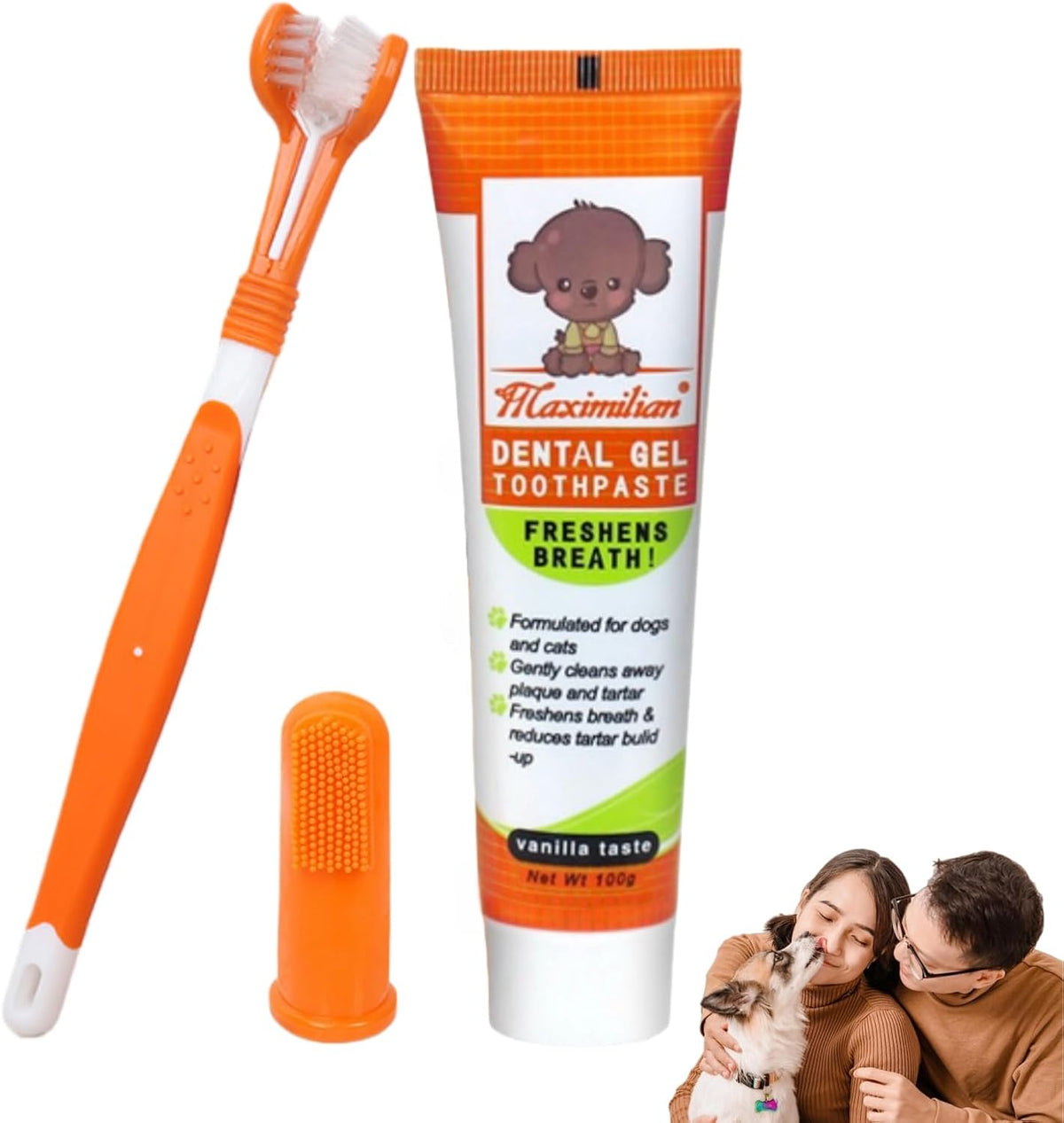 Dog & Cat Toothpaste Kit with Toothbrush & Finger Brush, Vanilla, 100g