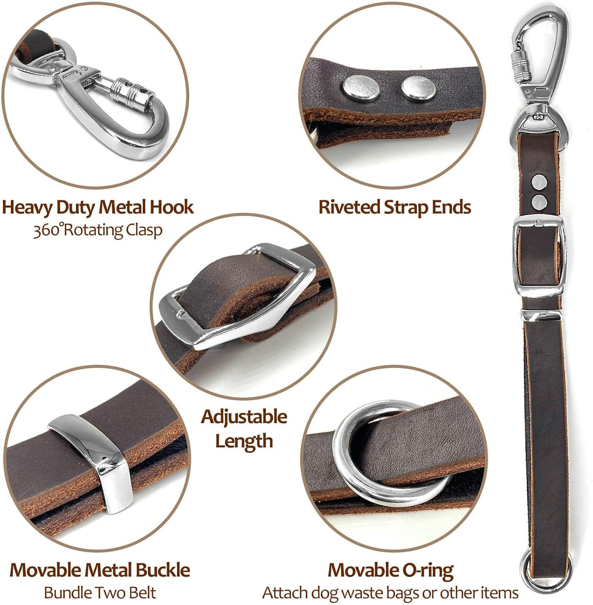 Leather Short Dog Leash,Adjustable Length Dog Leads,Extra Thick Genuine and Heavy-Duty Hardware Handmade Assembled with Extension Function Strong Traffic Pet Leashes. (Width: 3/4" Length: 12-23")