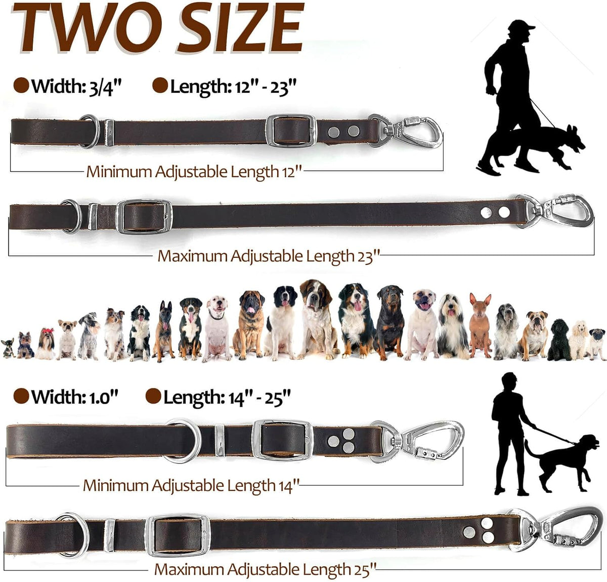 Leather Short Dog Leash,Adjustable Length Dog Leads,Extra Thick Genuine and Heavy-Duty Hardware Handmade Assembled with Extension Function Strong Traffic Pet Leashes. (Width: 3/4" Length: 12-23")