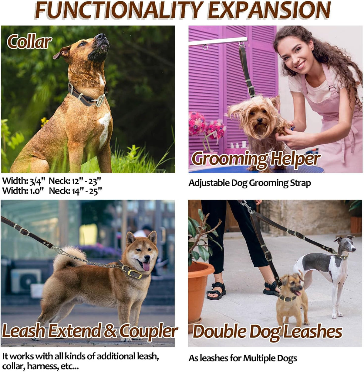 Leather Short Dog Leash,Adjustable Length Dog Leads,Extra Thick Genuine and Heavy-Duty Hardware Handmade Assembled with Extension Function Strong Traffic Pet Leashes. (Width: 3/4" Length: 12-23")