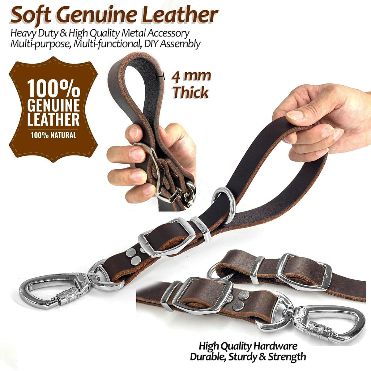 Leather Short Dog Leash,Adjustable Length Dog Leads,Extra Thick Genuine and Heavy-Duty Hardware Handmade Assembled with Extension Function Strong Traffic Pet Leashes. (Width: 3/4" Length: 12-23")