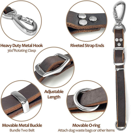 Leather Short Dog Leash,Adjustable Length Dog Leads,Extra Thick Genuine and Heavy-Duty Hardware Handmade Assembled with Extension Function Strong Traffic Pet Leashes. (Width: 3/4" Length: 12-23")