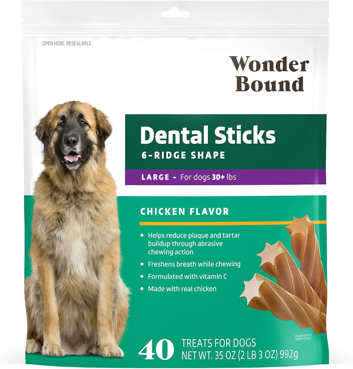 Amazon Brand - Chicken Flavor Dental Sticks for Large Dogs (Over 30 lbs), 6-Ridge Shape for Plaque & Tartar Control, Freshens Breath, Made With Real Chicken, (Pack of 1)