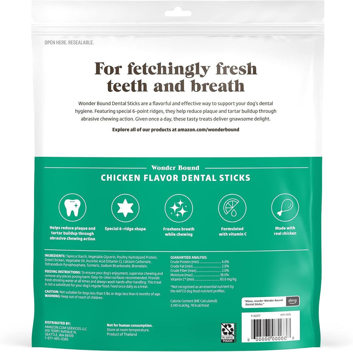 Amazon Brand - Chicken Flavor Dental Sticks for Large Dogs (Over 30 lbs), 6-Ridge Shape for Plaque & Tartar Control, Freshens Breath, Made With Real Chicken, (Pack of 1)