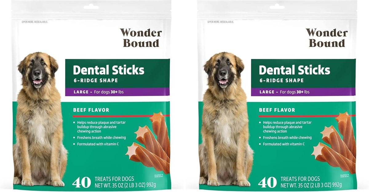 Amazon Brand - Chicken Flavor Dental Sticks for Large Dogs (Over 30 lbs), 6-Ridge Shape for Plaque & Tartar Control, Freshens Breath, Made With Real Chicken, (Pack of 1)
