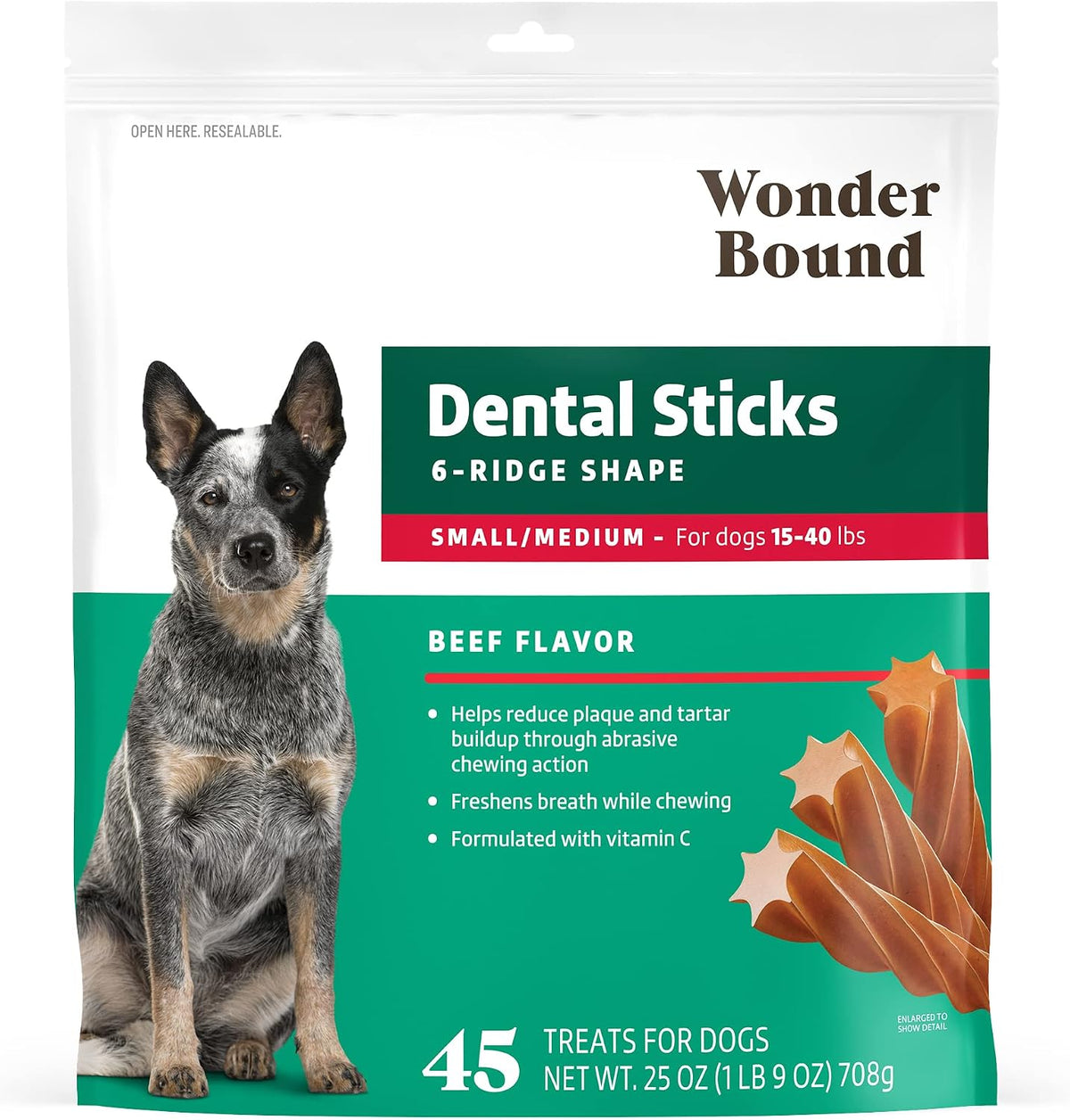 Amazon Brand - Chicken Flavor Dental Sticks for Large Dogs (Over 30 lbs), 6-Ridge Shape for Plaque & Tartar Control, Freshens Breath, Made With Real Chicken, (Pack of 1)
