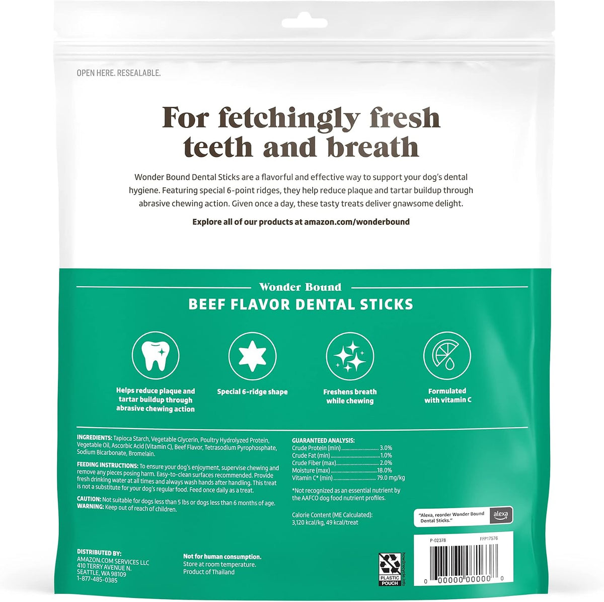 Amazon Brand - Chicken Flavor Dental Sticks for Large Dogs (Over 30 lbs), 6-Ridge Shape for Plaque & Tartar Control, Freshens Breath, Made With Real Chicken, (Pack of 1)