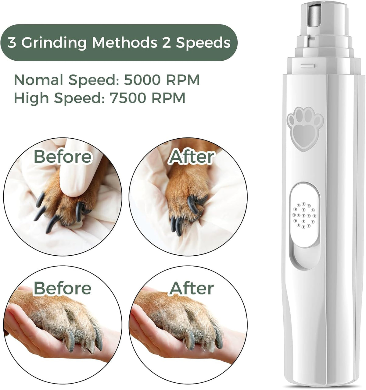 Dog Nail Grinder, 2-Speed Rechargeable Dog Nail Trimmers for Large Medium & Small Dogs, Upgrade Professional Electric Pet Paws Grooming, Quiet Puppy Grooming Tool, for Dogs Cats