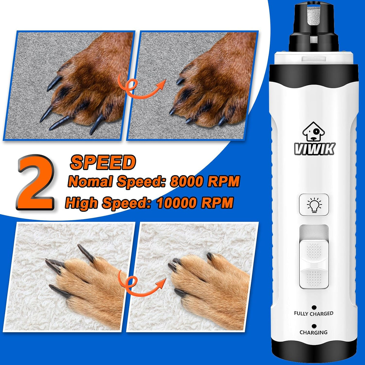 Dog Nail Grinder, 2-Speed Rechargeable Dog Nail Trimmers for Large Medium & Small Dogs, Upgrade Professional Electric Pet Paws Grooming, Quiet Puppy Grooming Tool, for Dogs Cats