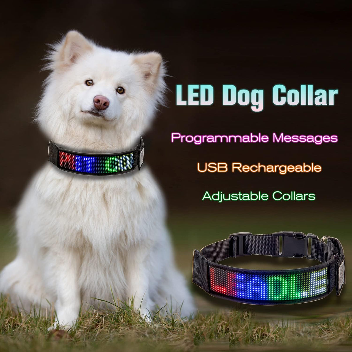 Programmable LED Collar Flashing Light Up Rechargeable Pet Dog Safety Collar Glow in The Dark Light-up Neck Loop - Mixcolor LED