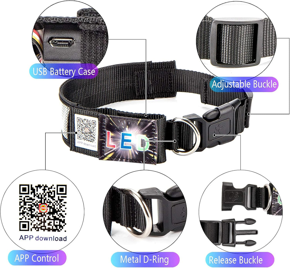 Programmable LED Collar Flashing Light Up Rechargeable Pet Dog Safety Collar Glow in The Dark Light-up Neck Loop - Mixcolor LED