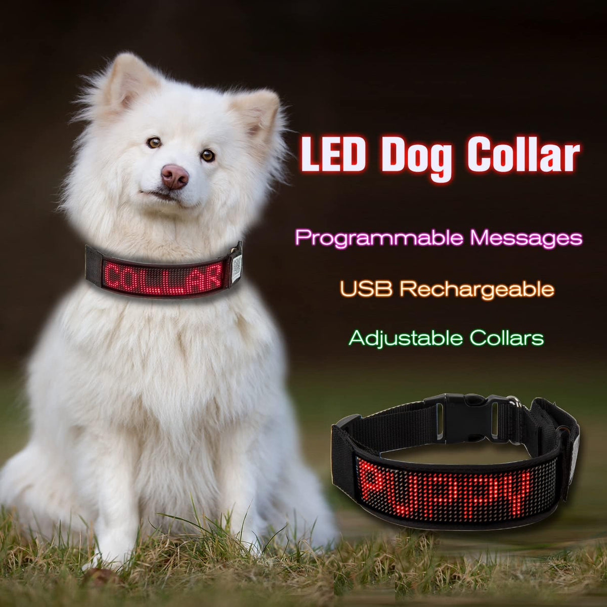 Programmable LED Collar Flashing Light Up Rechargeable Pet Dog Safety Collar Glow in The Dark Light-up Neck Loop - Mixcolor LED