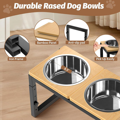 Dog Bowls Elevated, 4 Height (9.6" to15) & Angle (0-20°) Adjustable Raised Dog Bowl Stand, Elevated Dogs Bowl for Medium to Large Sized, Bamboo Feeding Station with 2X 10cups Stainless Steel Dishes