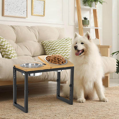 Dog Bowls Elevated, 4 Height (9.6" to15) & Angle (0-20°) Adjustable Raised Dog Bowl Stand, Elevated Dogs Bowl for Medium to Large Sized, Bamboo Feeding Station with 2X 10cups Stainless Steel Dishes