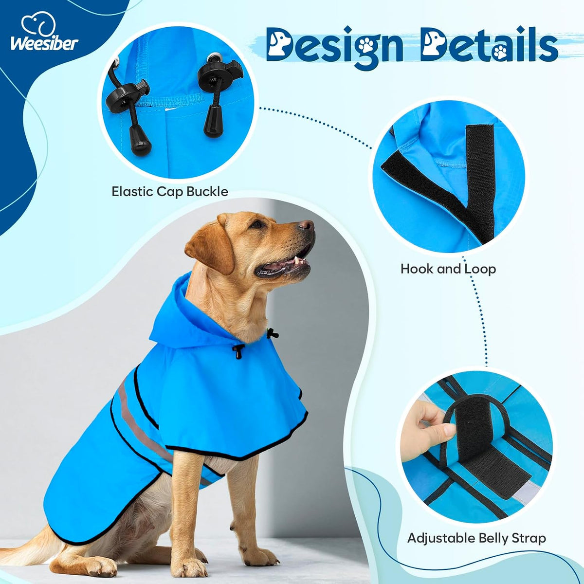 Dog Raincoat, Waterproof Dog Rain Jacket with Leash Hole, Hooded Puppy Rainwear Poncho Slicker for Walking (M, Blue)