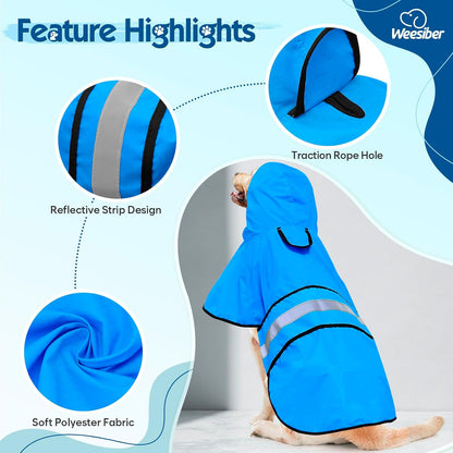 Dog Raincoat, Waterproof Dog Rain Jacket with Leash Hole, Hooded Puppy Rainwear Poncho Slicker for Walking (M, Blue)