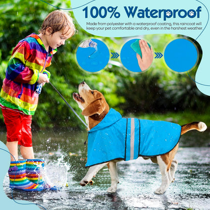 Dog Raincoat, Waterproof Dog Rain Jacket with Leash Hole, Hooded Puppy Rainwear Poncho Slicker for Walking (M, Blue)