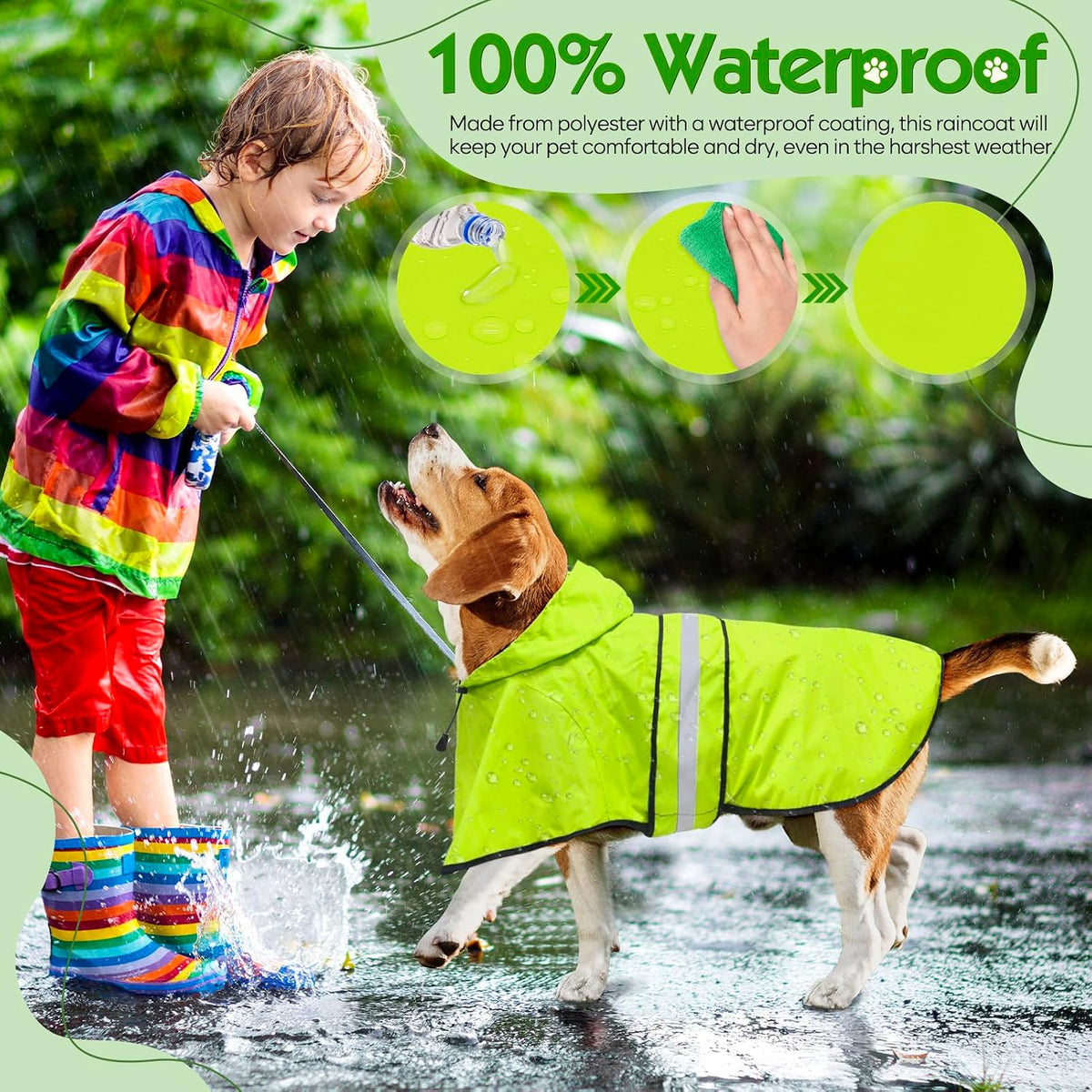 Dog Raincoat, Waterproof Dog Rain Jacket with Leash Hole, Hooded Puppy Rainwear Poncho Slicker for Walking (M, Blue)