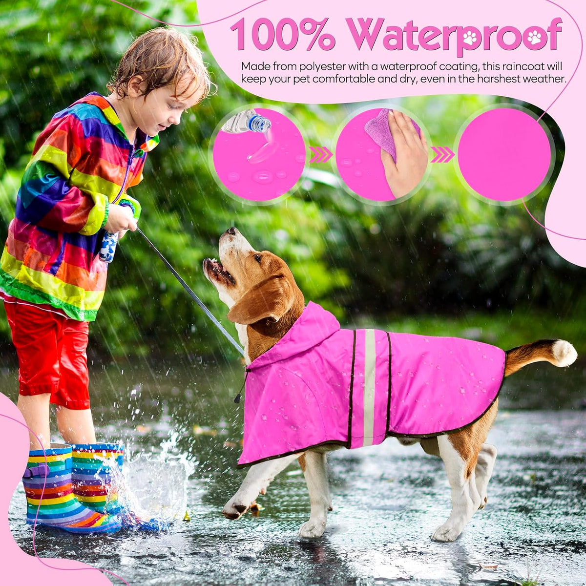 Dog Raincoat, Waterproof Dog Rain Jacket with Leash Hole, Hooded Puppy Rainwear Poncho Slicker for Walking (M, Blue)