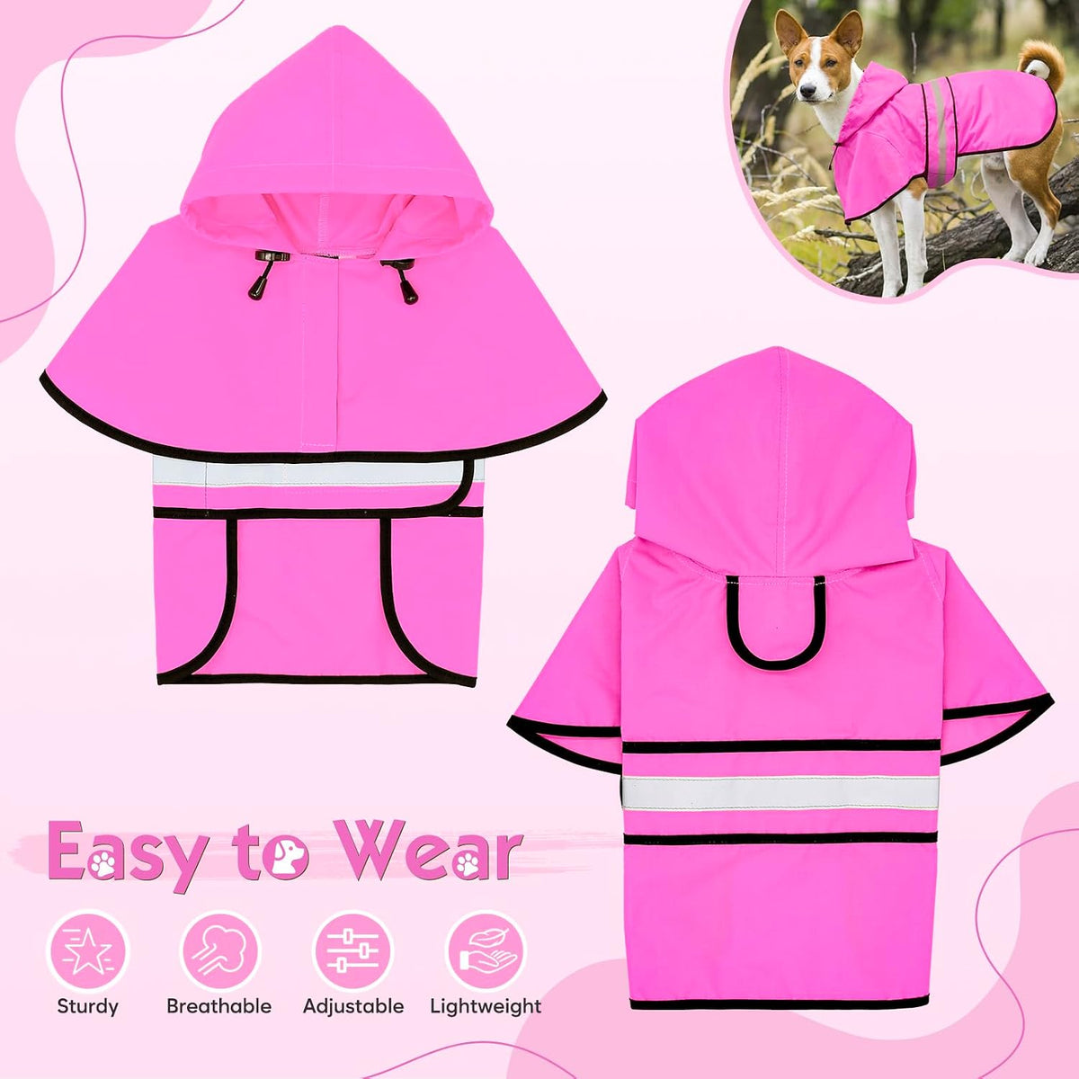 Dog Raincoat, Waterproof Dog Rain Jacket with Leash Hole, Hooded Puppy Rainwear Poncho Slicker for Walking (M, Blue)