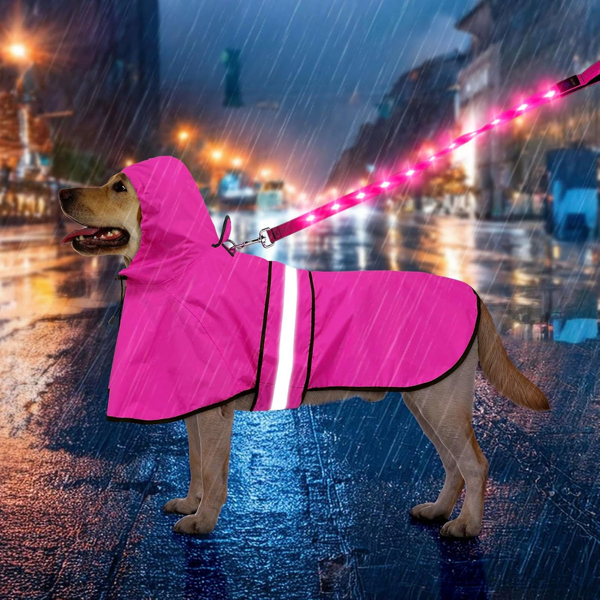 Dog Raincoat, Waterproof Dog Rain Jacket with Leash Hole, Hooded Puppy Rainwear Poncho Slicker for Walking (M, Blue)