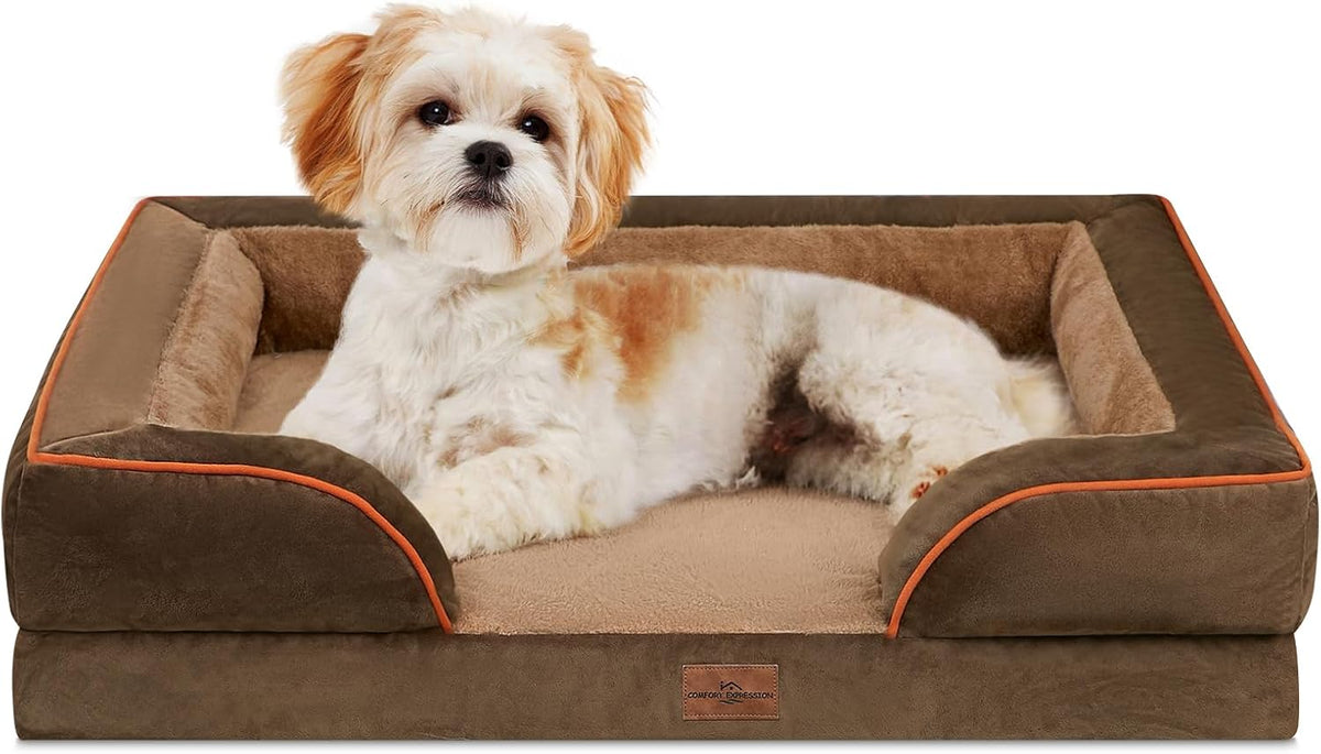 Waterproof Orthopedic Dog Bed for Extra Large Dogs | Supportive Egg Crate Foam XL Pet Bed with Removable Bolster, Dog Couch with Washable Cover & Non-Slip Bottom, 42x30 Inch - Colors B