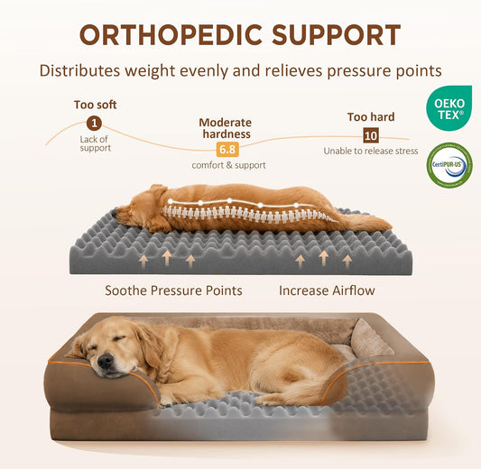 Waterproof Orthopedic Dog Bed for Extra Large Dogs | Supportive Egg Crate Foam XL Pet Bed with Removable Bolster, Dog Couch with Washable Cover & Non-Slip Bottom, 42x30 Inch - Colors B