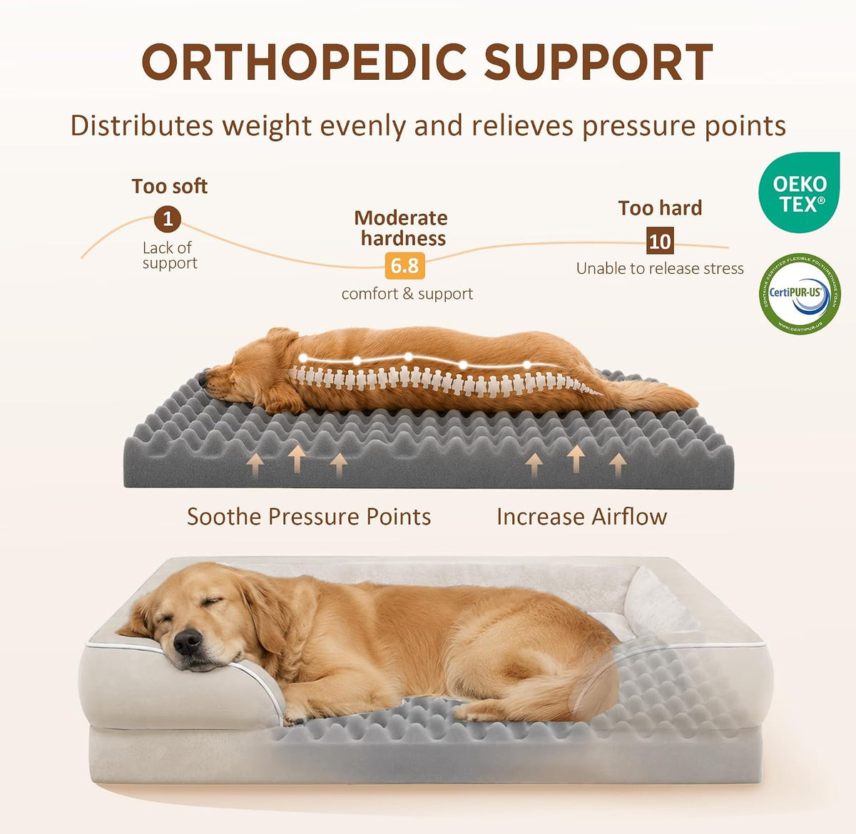Waterproof Orthopedic Dog Bed for Extra Large Dogs | Supportive Egg Crate Foam XL Pet Bed with Removable Bolster, Dog Couch with Washable Cover & Non-Slip Bottom, 42x30 Inch - Colors B