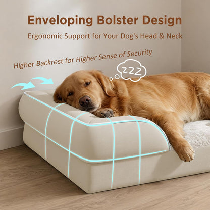 Waterproof Orthopedic Dog Bed for Extra Large Dogs | Supportive Egg Crate Foam XL Pet Bed with Removable Bolster, Dog Couch with Washable Cover & Non-Slip Bottom, 42x30 Inch - Colors B