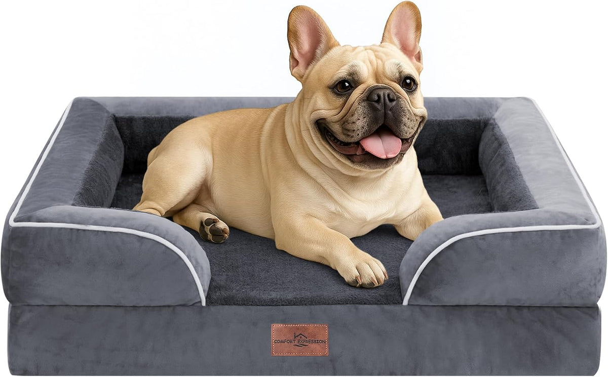 Waterproof Orthopedic Dog Bed for Extra Large Dogs | Supportive Egg Crate Foam XL Pet Bed with Removable Bolster, Dog Couch with Washable Cover & Non-Slip Bottom, 42x30 Inch - Colors B