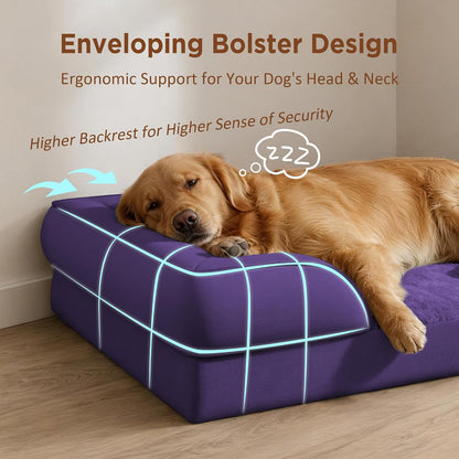 Waterproof Orthopedic Dog Bed for Extra Large Dogs | Supportive Egg Crate Foam XL Pet Bed with Removable Bolster, Dog Couch with Washable Cover & Non-Slip Bottom, 42x30 Inch - Colors B