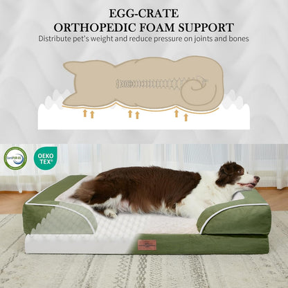 Waterproof Orthopedic Dog Bed for Extra Large Dogs | Supportive Egg Crate Foam XL Pet Bed with Removable Bolster, Dog Couch with Washable Cover & Non-Slip Bottom, 42x30 Inch - Colors B