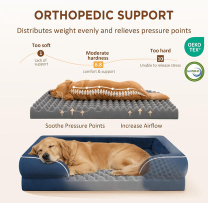 Waterproof Orthopedic Dog Bed for Extra Large Dogs | Supportive Egg Crate Foam XL Pet Bed with Removable Bolster, Dog Couch with Washable Cover & Non-Slip Bottom, 42x30 Inch - Colors B