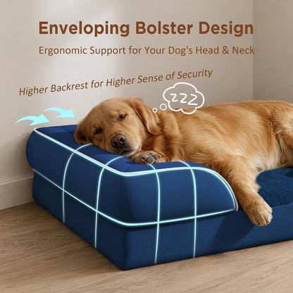 Waterproof Orthopedic Dog Bed for Extra Large Dogs | Supportive Egg Crate Foam XL Pet Bed with Removable Bolster, Dog Couch with Washable Cover & Non-Slip Bottom, 42x30 Inch - Colors B