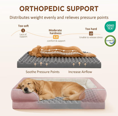 Waterproof Orthopedic Dog Bed for Extra Large Dogs | Supportive Egg Crate Foam XL Pet Bed with Removable Bolster, Dog Couch with Washable Cover & Non-Slip Bottom, 42x30 Inch - Colors B