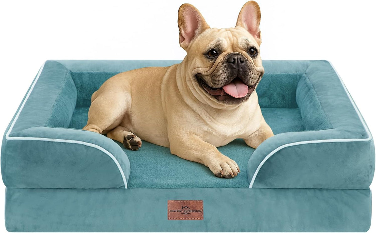 Waterproof Orthopedic Dog Bed for Extra Large Dogs | Supportive Egg Crate Foam XL Pet Bed with Removable Bolster, Dog Couch with Washable Cover & Non-Slip Bottom, 42x30 Inch - Colors B