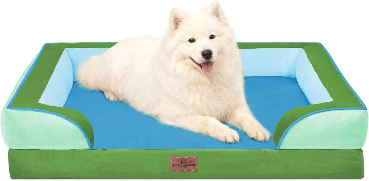 Waterproof Orthopedic Dog Bed for Extra Large Dogs | Supportive Egg Crate Foam XL Pet Bed with Removable Bolster, Dog Couch with Washable Cover & Non-Slip Bottom, 42x30 Inch - Colors B
