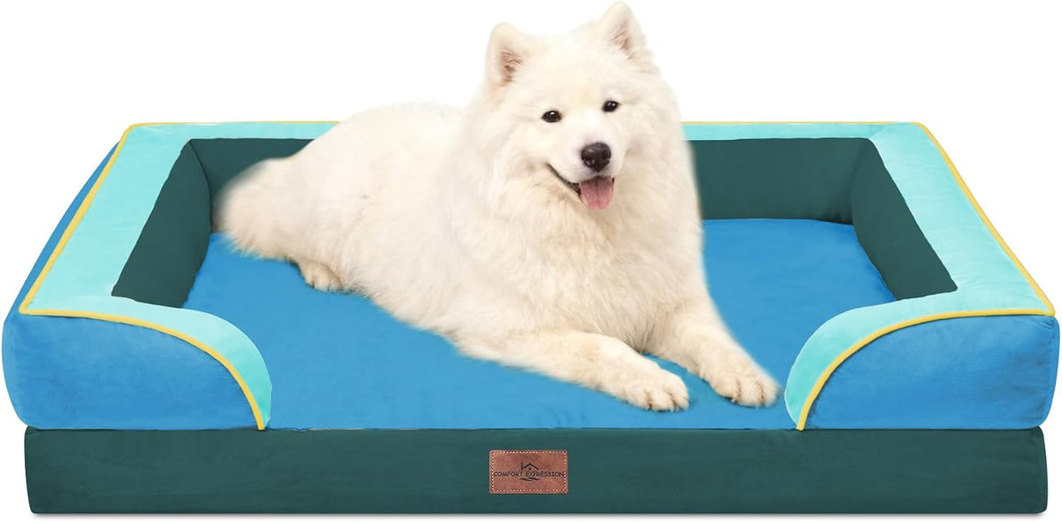 Waterproof Orthopedic Dog Bed for Extra Large Dogs | Supportive Egg Crate Foam XL Pet Bed with Removable Bolster, Dog Couch with Washable Cover & Non-Slip Bottom, 42x30 Inch - Colors B