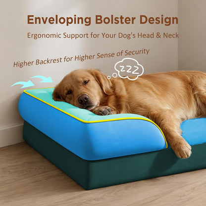 Waterproof Orthopedic Dog Bed for Extra Large Dogs | Supportive Egg Crate Foam XL Pet Bed with Removable Bolster, Dog Couch with Washable Cover & Non-Slip Bottom, 42x30 Inch - Colors B