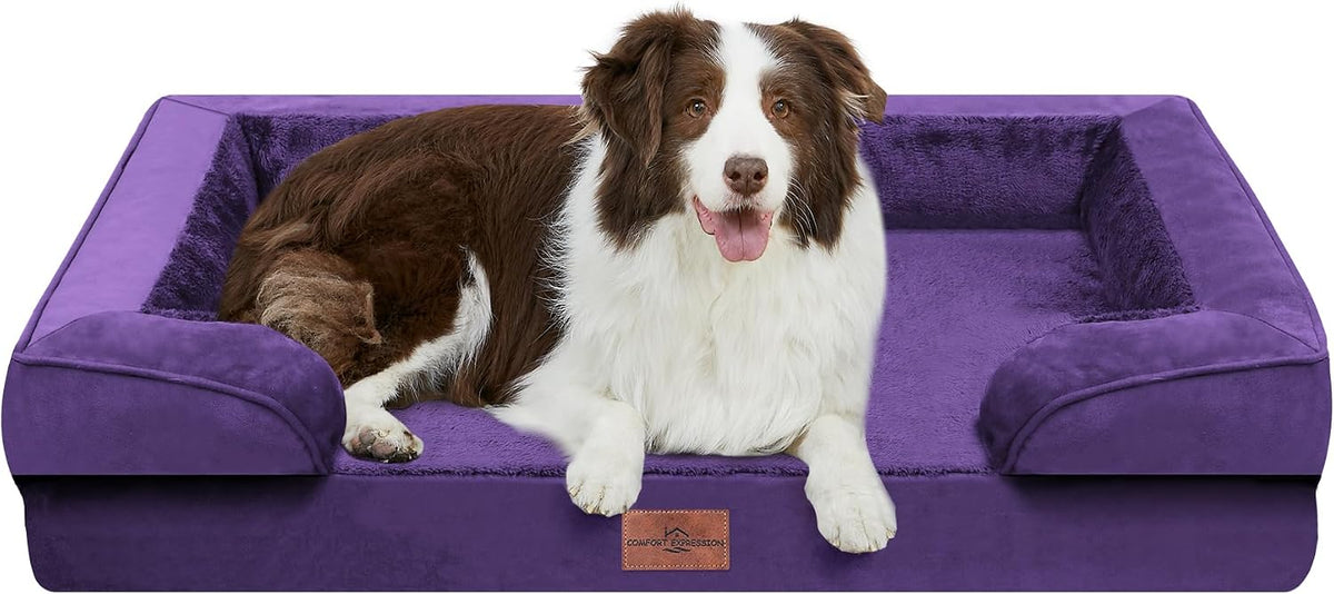 Waterproof Orthopedic Dog Bed for Extra Large Dogs | Supportive Egg Crate Foam XL Pet Bed with Removable Bolster, Dog Couch with Washable Cover & Non-Slip Bottom, 42x30 Inch - Colors B