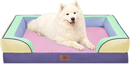 Waterproof Orthopedic Dog Bed for Extra Large Dogs | Supportive Egg Crate Foam XL Pet Bed with Removable Bolster, Dog Couch with Washable Cover & Non-Slip Bottom, 42x30 Inch - Colors B