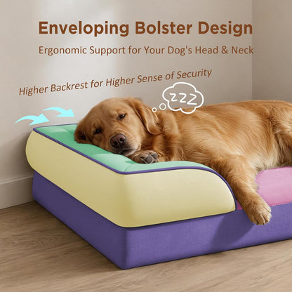 Waterproof Orthopedic Dog Bed for Extra Large Dogs | Supportive Egg Crate Foam XL Pet Bed with Removable Bolster, Dog Couch with Washable Cover & Non-Slip Bottom, 42x30 Inch - Colors B