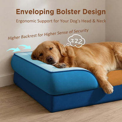 Waterproof Orthopedic Dog Bed for Extra Large Dogs | Supportive Egg Crate Foam XL Pet Bed with Removable Bolster, Dog Couch with Washable Cover & Non-Slip Bottom, 42x30 Inch - Colors B