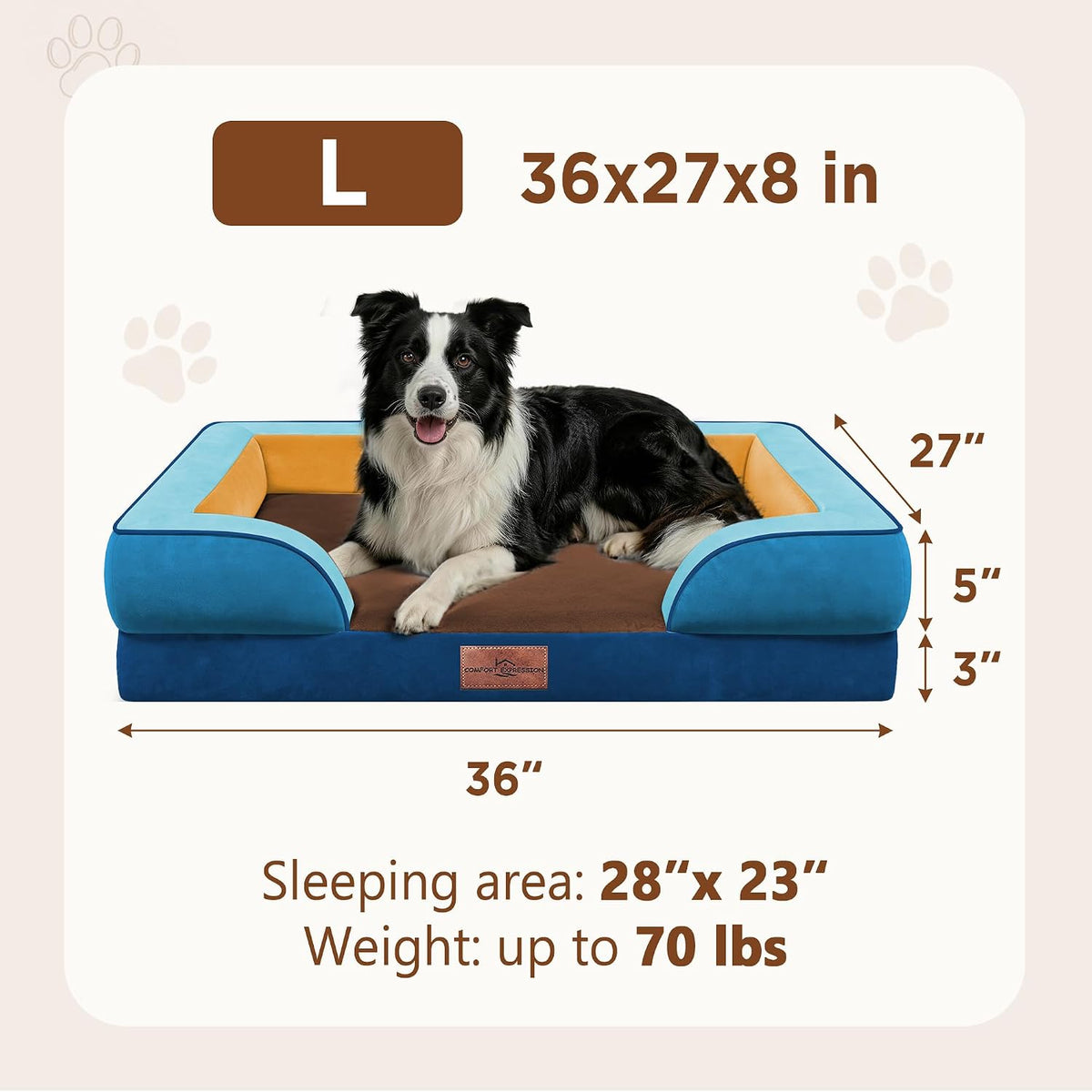 Waterproof Orthopedic Dog Bed for Extra Large Dogs | Supportive Egg Crate Foam XL Pet Bed with Removable Bolster, Dog Couch with Washable Cover & Non-Slip Bottom, 42x30 Inch - Colors B
