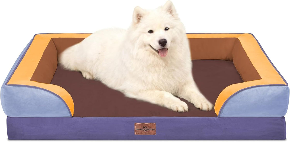Waterproof Orthopedic Dog Bed for Extra Large Dogs | Supportive Egg Crate Foam XL Pet Bed with Removable Bolster, Dog Couch with Washable Cover & Non-Slip Bottom, 42x30 Inch - Colors B