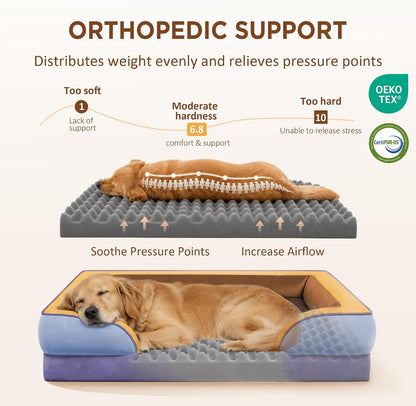 Waterproof Orthopedic Dog Bed for Extra Large Dogs | Supportive Egg Crate Foam XL Pet Bed with Removable Bolster, Dog Couch with Washable Cover & Non-Slip Bottom, 42x30 Inch - Colors B