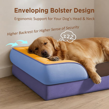 Waterproof Orthopedic Dog Bed for Extra Large Dogs | Supportive Egg Crate Foam XL Pet Bed with Removable Bolster, Dog Couch with Washable Cover & Non-Slip Bottom, 42x30 Inch - Colors B